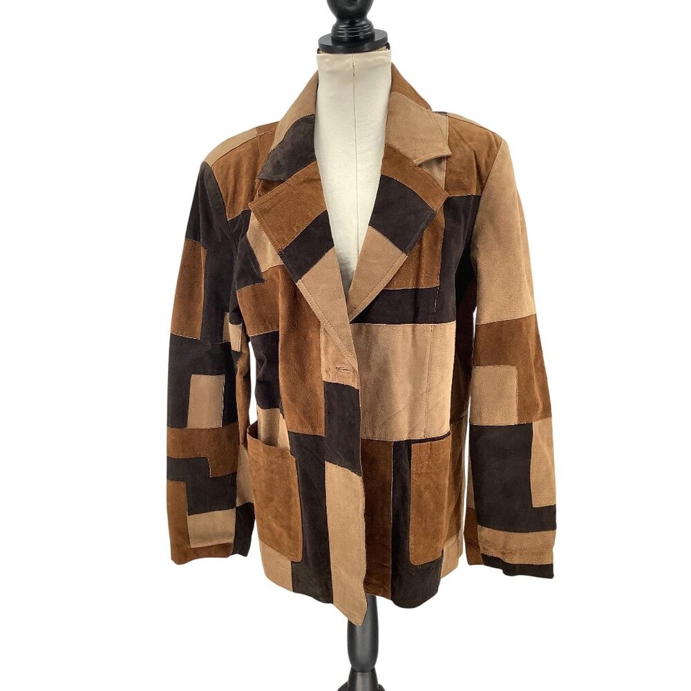 Vintage Studio C Retro Patchwork Leather Collared Button Front Jacket - Picture 2 of 8